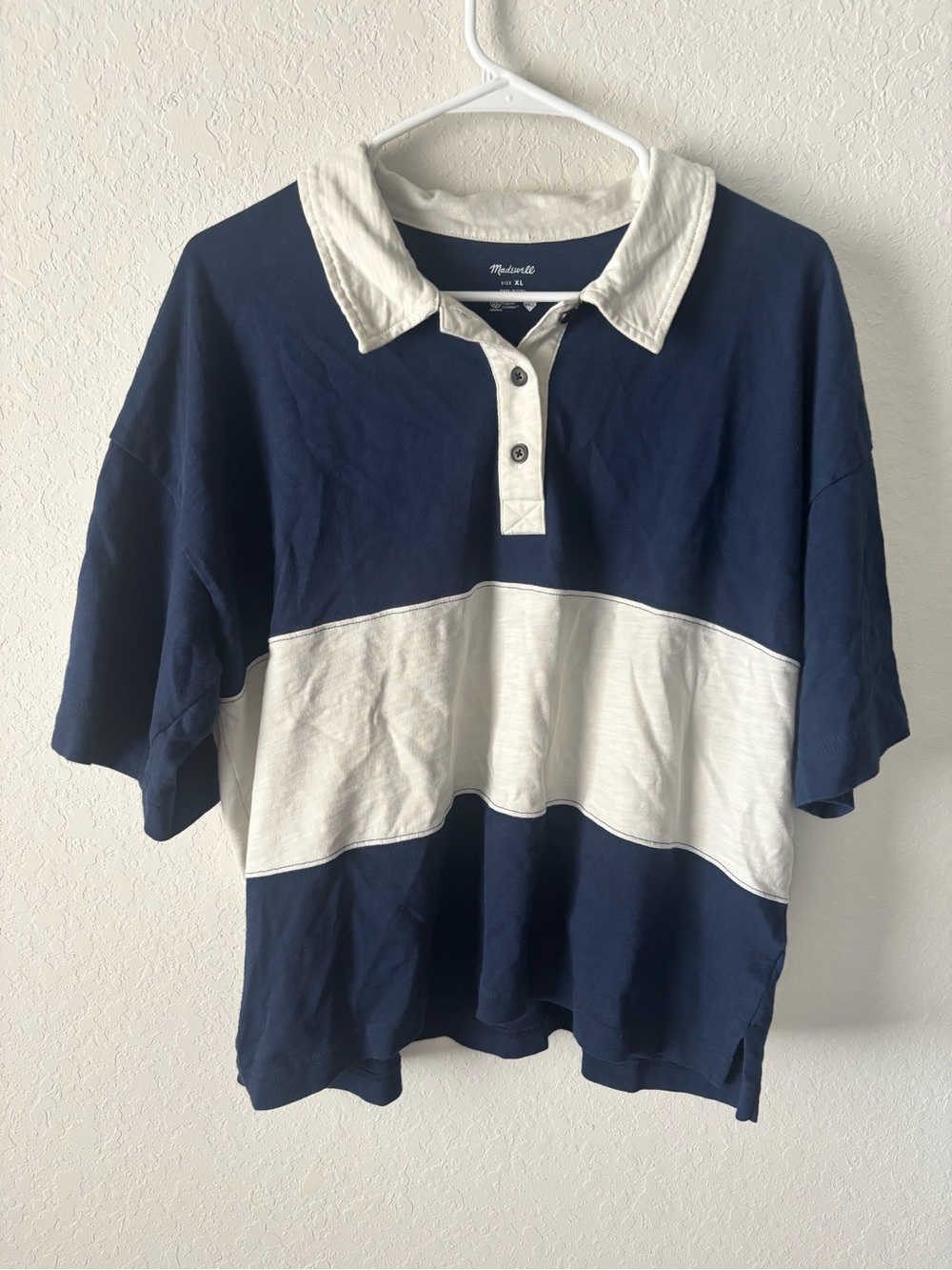 Madewell Boxy Polo Tee XL Navy White Stripe Rugby Organic Cotton Oversized
